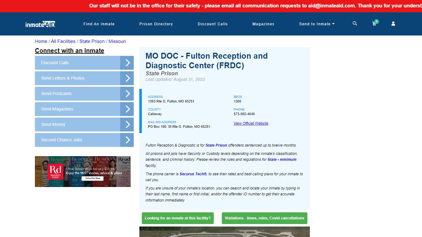 MO DOC - Fulton Reception and Diagnostic Center (FRDC) - InmateAid